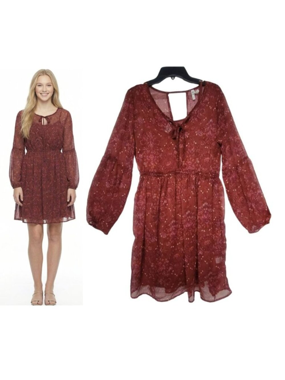 ⭐Mudd Size M Floral Chiffon Long Sleeve Mini Dress Burgundy Red Boho Fit & Flare
